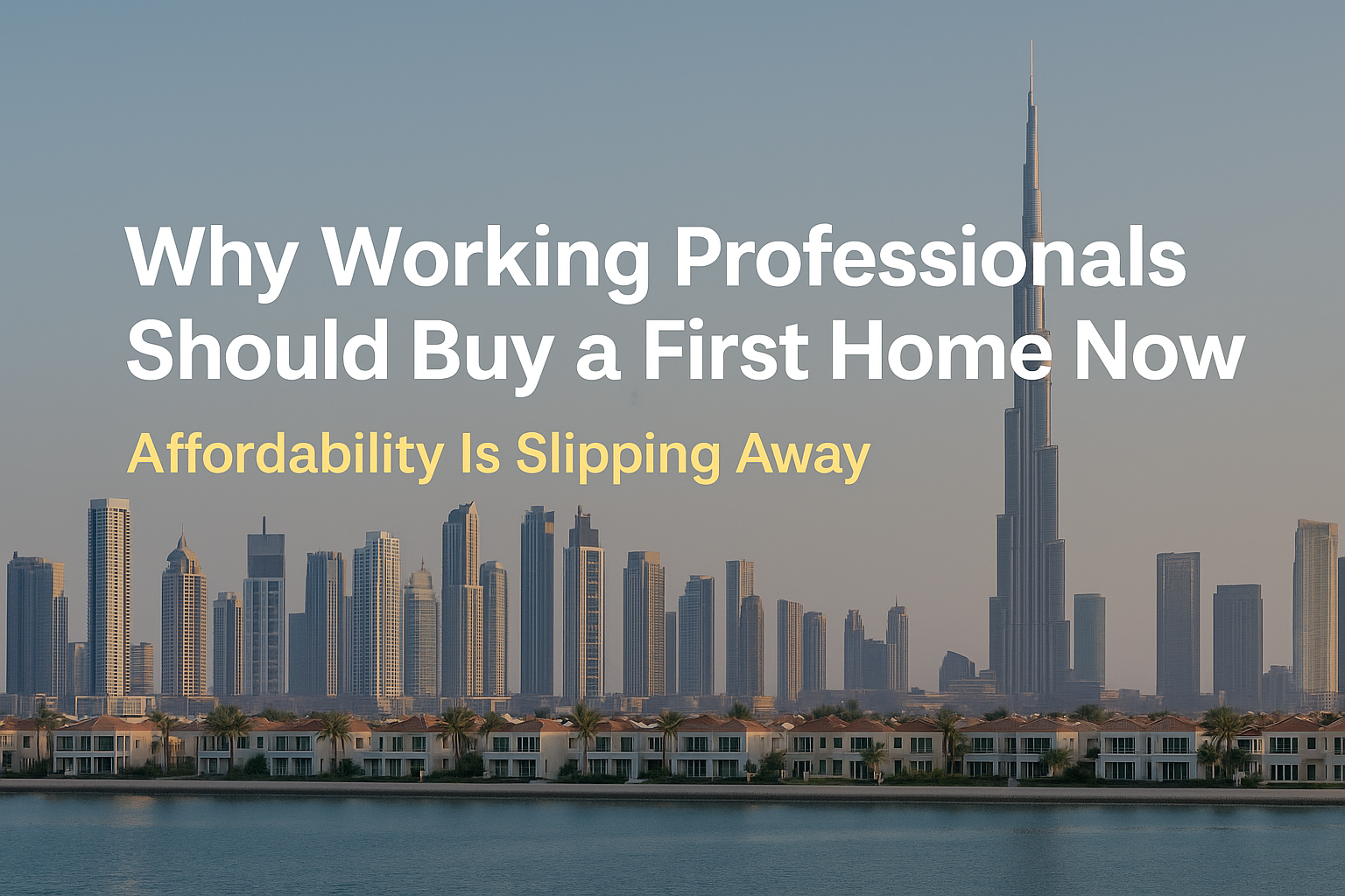 Why Working Professionals Should Buy a First Home Now - Unwind Properties Dubai skyline with suburban waterfront villas at sunset and headline text urging working professionals to buy a first home before affordability declines.